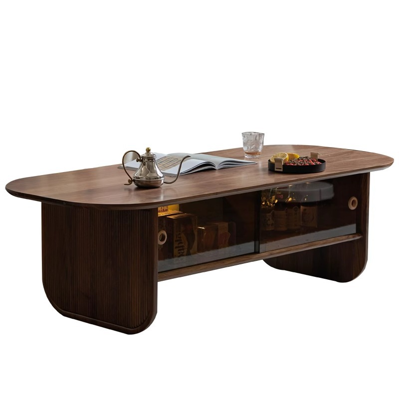 Coffee And Tea-Za - Massivholz-Couchtisch aus schwarzem Walnussholz mit Steinplatte,