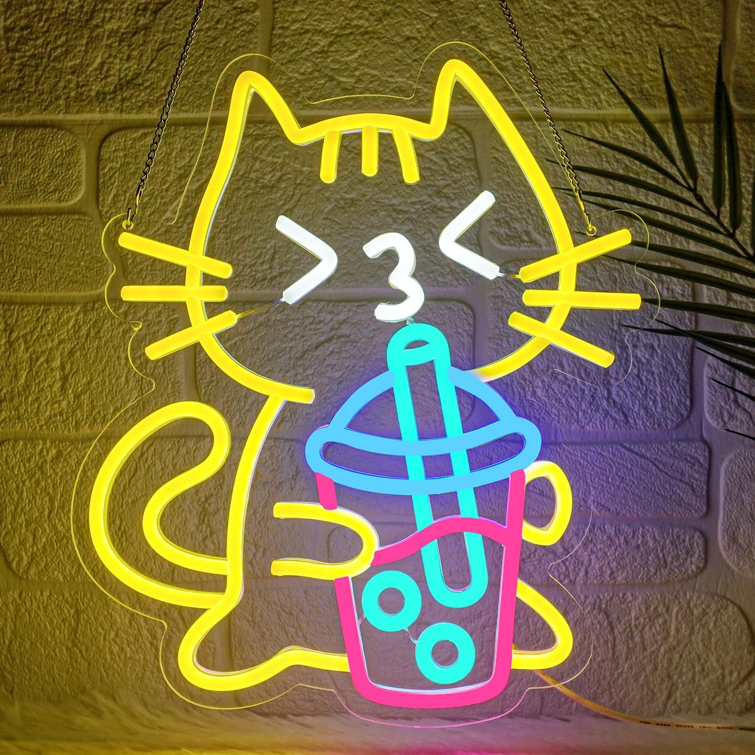 Coffee Tea Boba - Katzen-Boba-Tee Neonschild Niedliches Tier-Neonlicht für Bubble-Tea-Laden