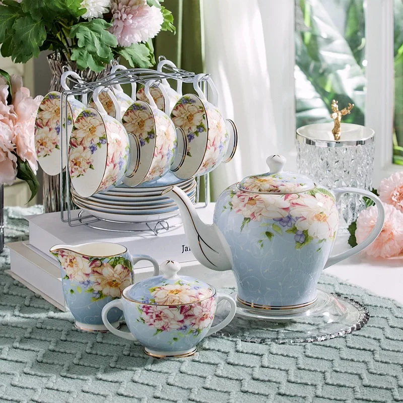 Coffee Tea Creamer - Rosa Blaue Blume Knochenporzellan Kaffeetasse Set
