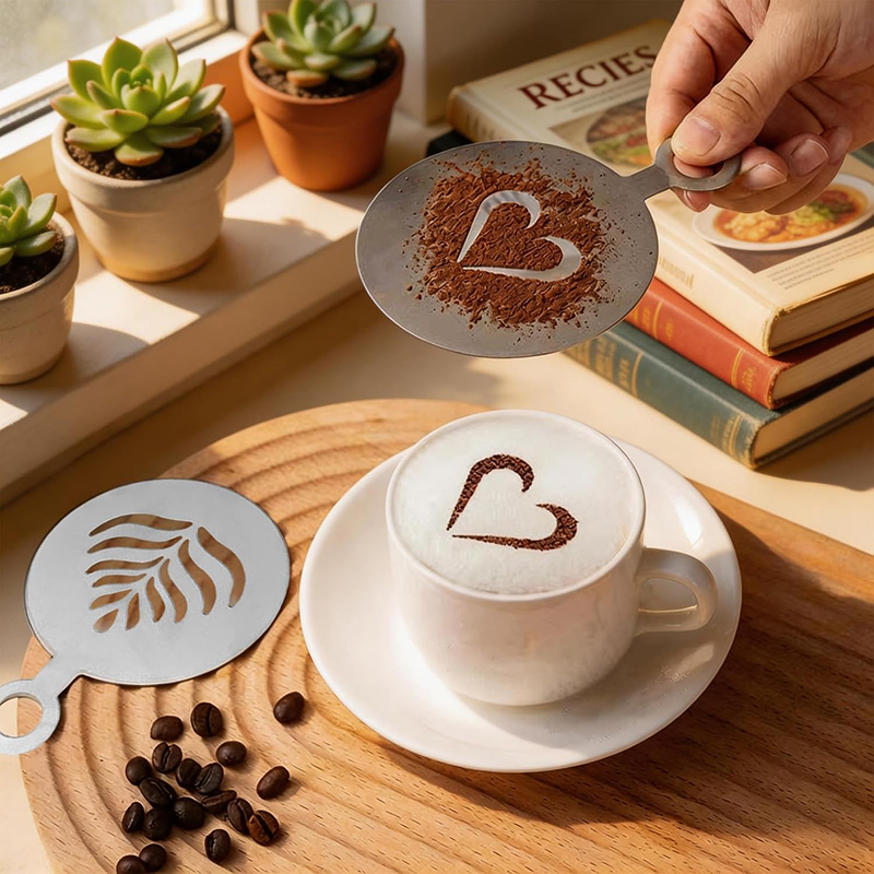 Coffee Stencil Art - 4-teiliges Edelstahl-Kaffeeschablonen-Set Kuchen- und Kekse-Backform Kaffeedekorationswerkzeug