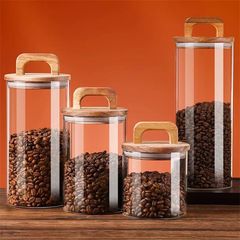 Coffee Tea Canister Set - Klarglasbehälter mit Bambusdeckel, versiegelter Kanister, Lebensmittelaufbewahrungsbehälter