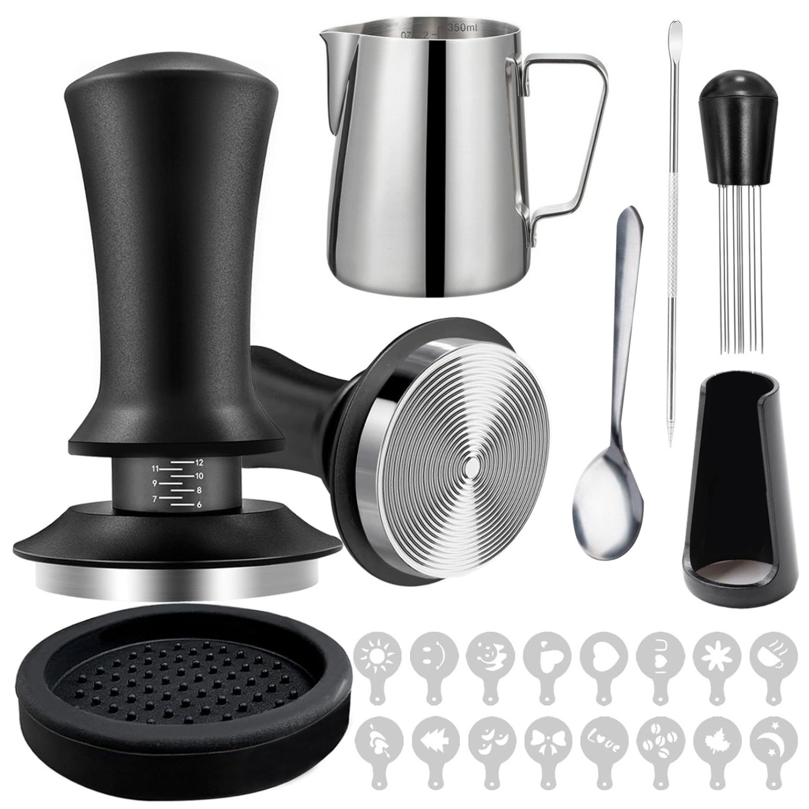 Coffee Stencil Art - 51mm Kaffee-Tamper-Set 22-teiliges Espresso-Zubehör-Kit WDT-Werkzeug Milchaufschäumkrug