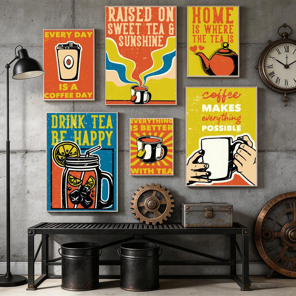 Wallpaper Coffee And Tea - Vintage Tee- und Kaffee-Poster, Heimbar-Wandkunst-Aufkleber, wasserfest,